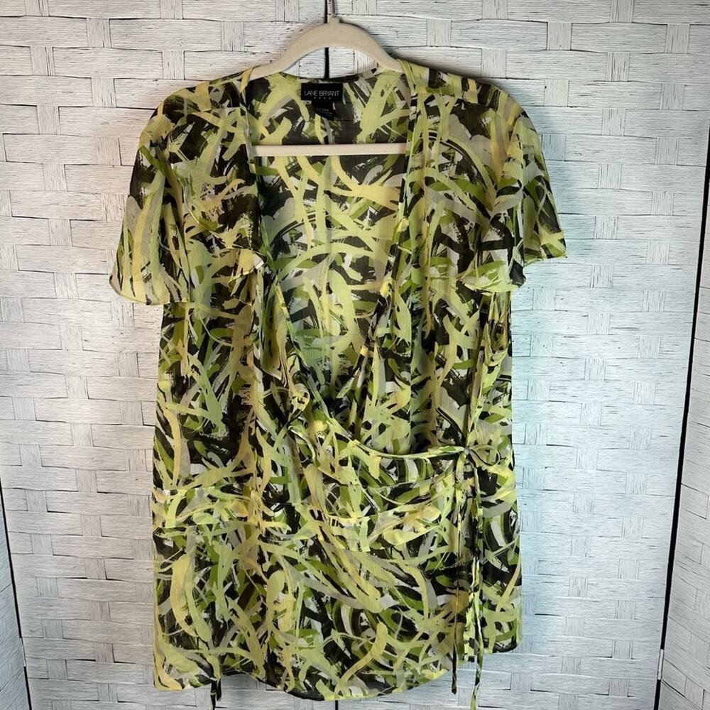 Lane Bryant sheer, true rap blouse green brown cap sleeve modern Y2K Plus size